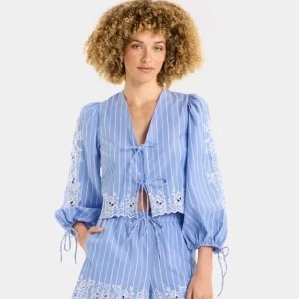 Future Collective Embroidered Crop Blouse Blue Striped Tie Front 100% Cotton M